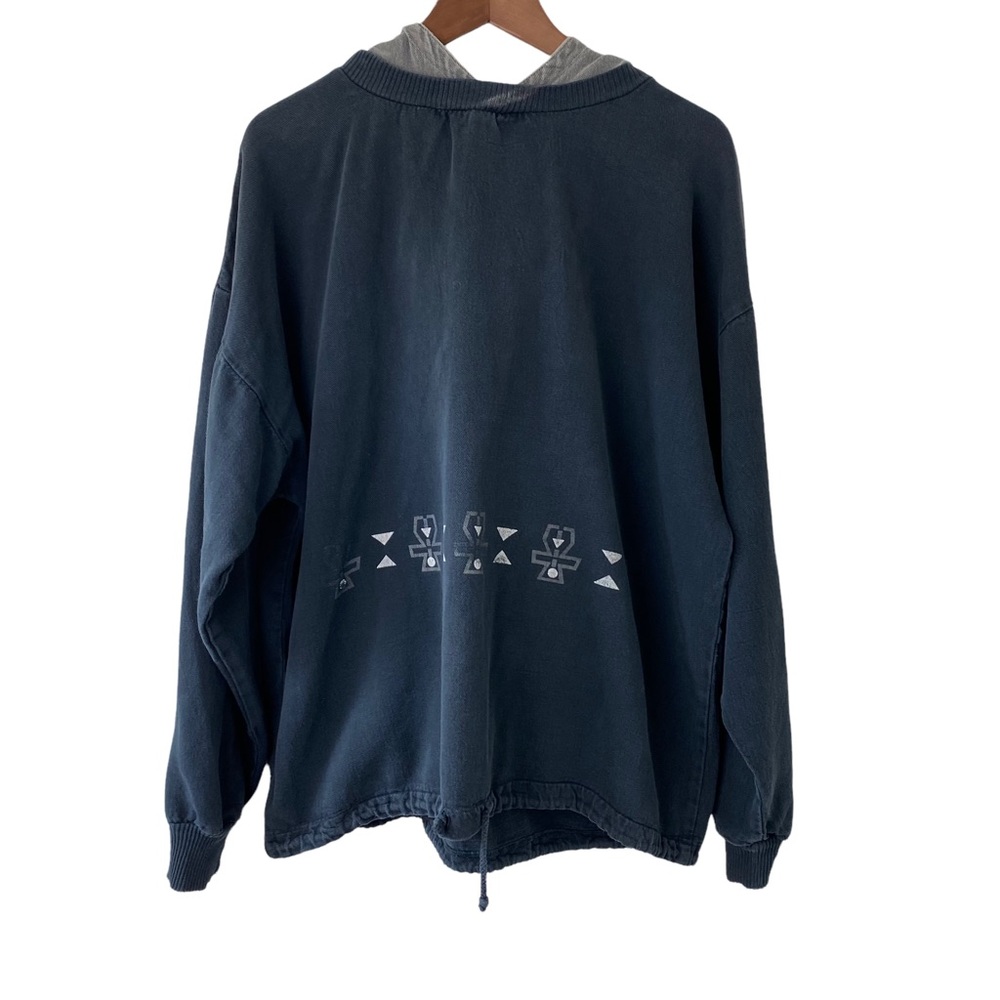 Mens  Hooded Sweater Soft Denim Like Size K Blue Made In Austin RICO cool Print.